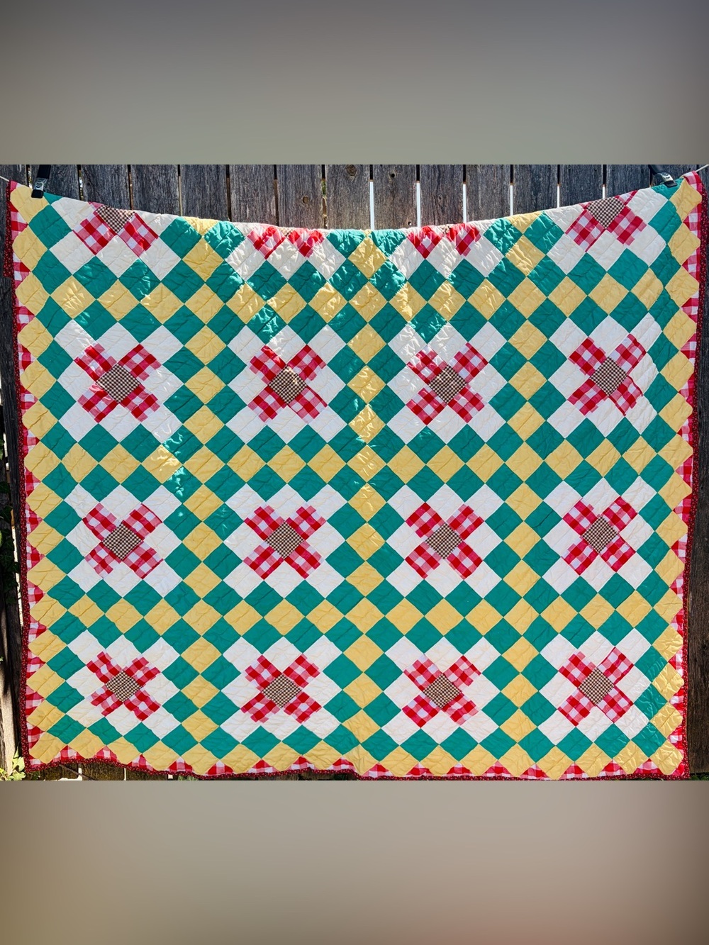 Vintage 1970s Hand Sewn Churn Dash Quilt – 80x82 Patchwork Queen Bed Quilt